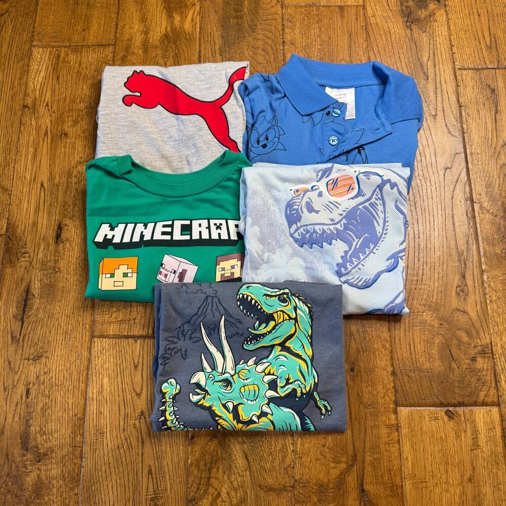 Lot of 5 Boys Summer Clothing Sz 6 Graphic T Shirts Minecraft, Dinosaur, SONIC